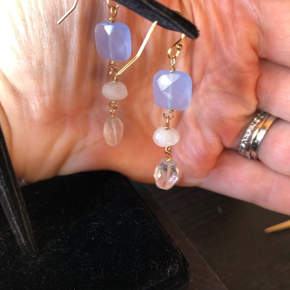 Artisan earrings sky blue chalcedony moonstone and quartz on gold filled wire 2” - Picture 3 of 4